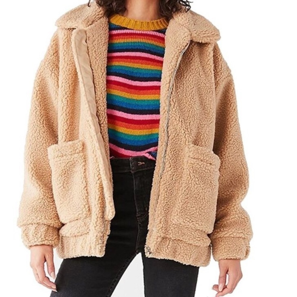 Elodie Beige Chunky Teddybear Sherpa Zip Up Collared Warm Jacket size Small